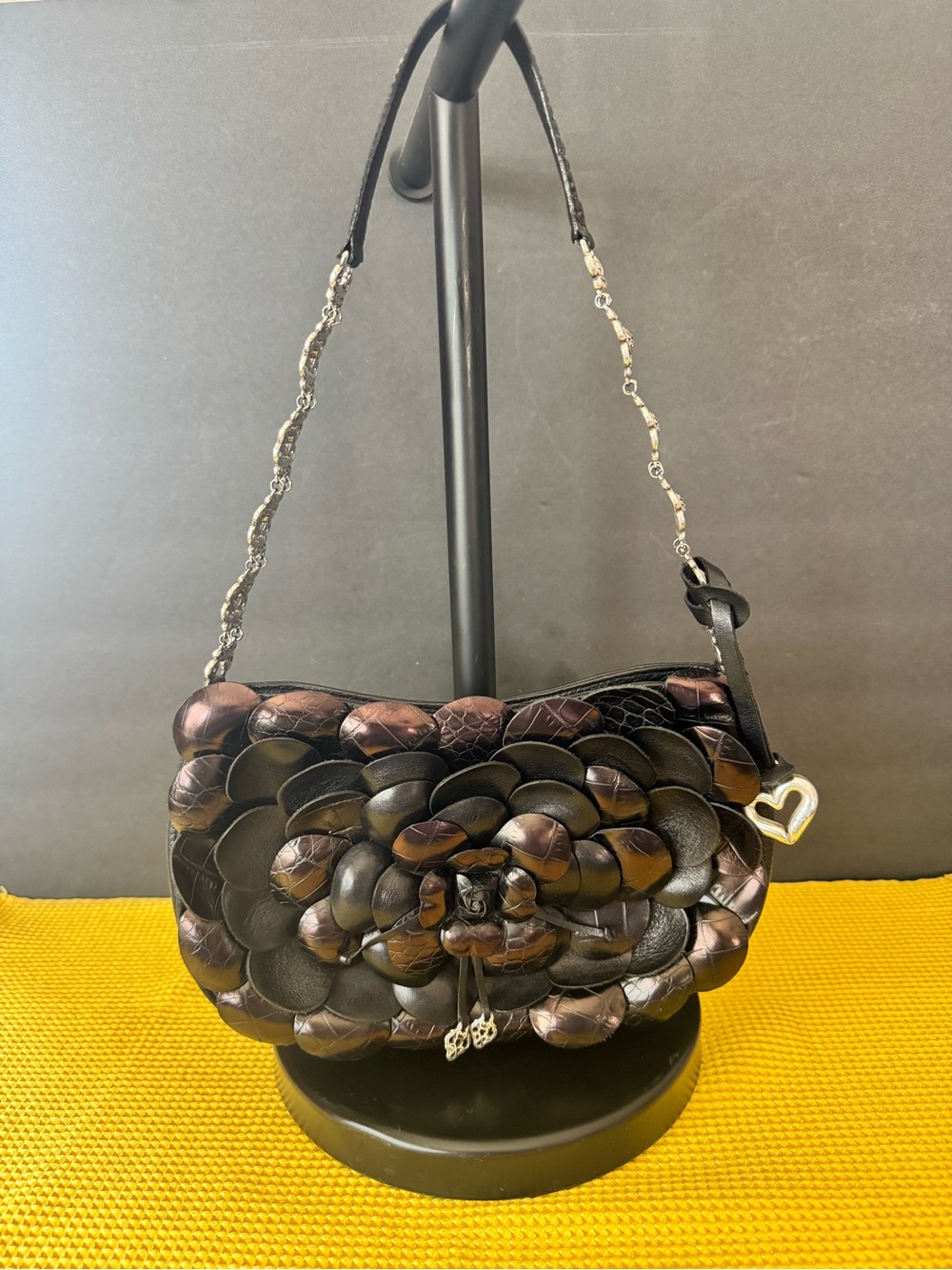 Brighton Rosalie Black and Brown Floral Appliqué Shoulder Bag